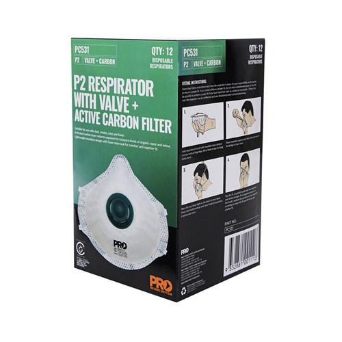 P2 Dust Masks + Valve + Carbon Box Of 12