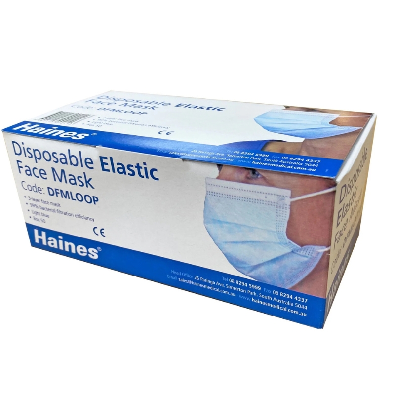 Haines ASTM Level 2 Elastic Loops Face Mask Light Blue Box Of 50