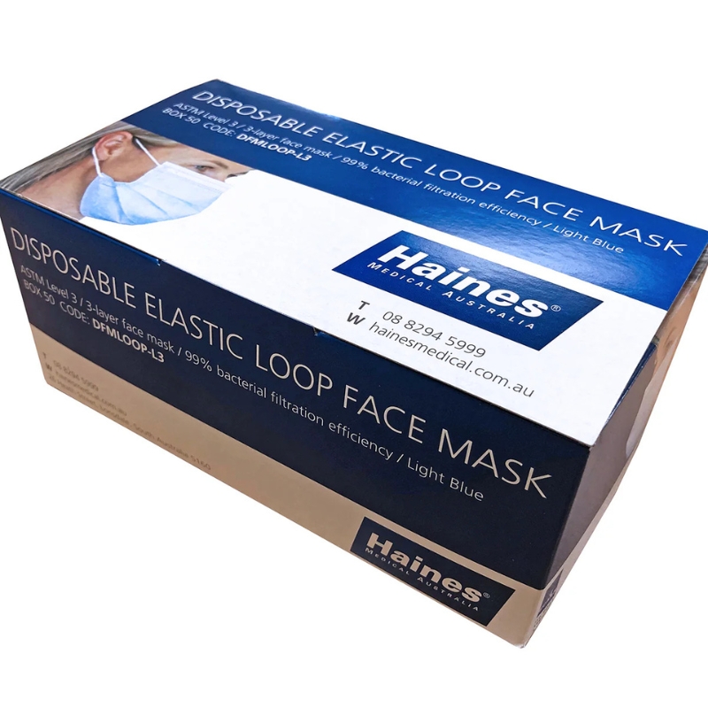 Haines ASTM Level 3 Elastic Loop Face Mask Blue Box Of 50