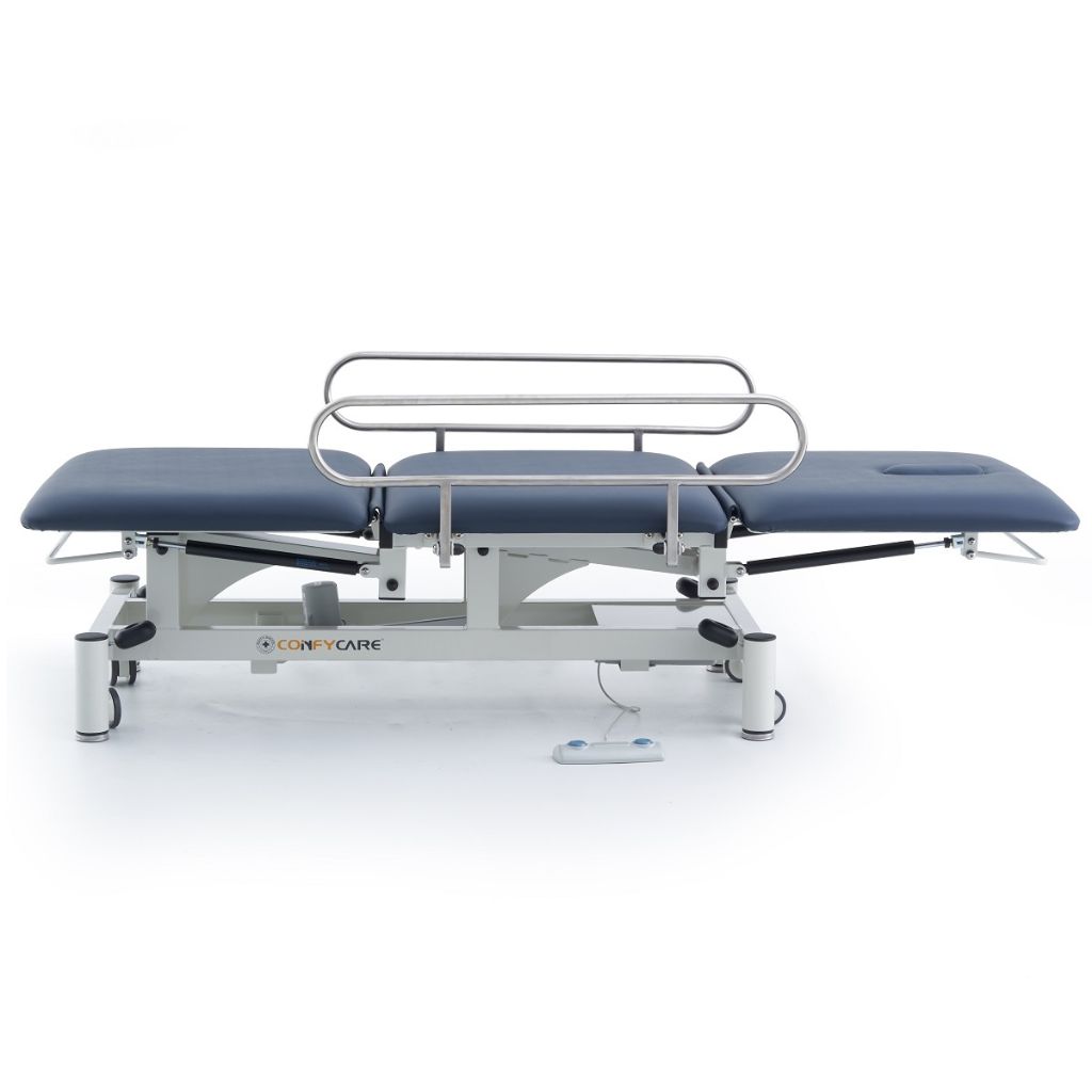 Pacific Medical 3 Section Electric Hi Lo Medical Couch With Drop Down Side Rails Navy Blue
