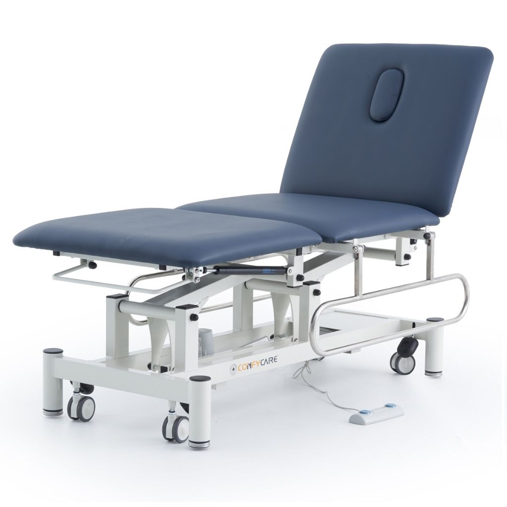 Pacific Medical 3 Section Electric Hi Lo Medical Couch With Drop Down Side Rails Navy Blue
