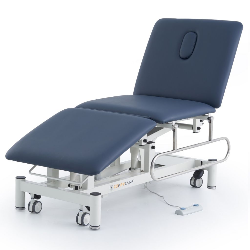 Pacific Medical 3 Section Electric Hi Lo Medical Couch With Drop Down Side Rails Navy Blue