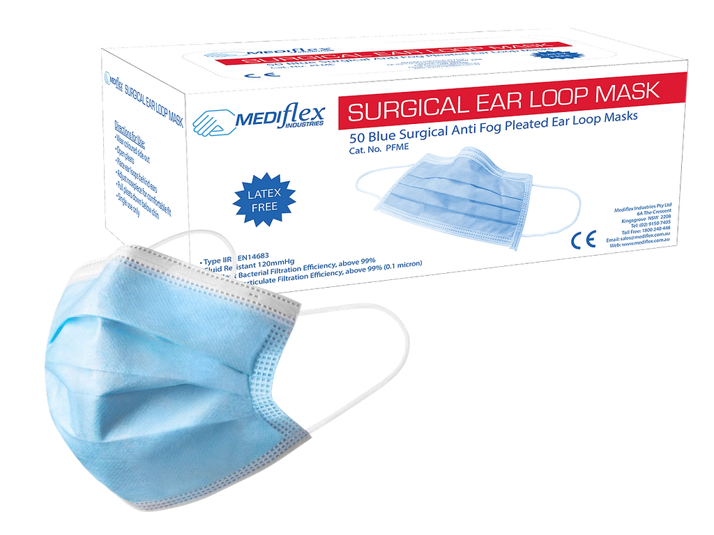 Mediflex Level 2 Surgical Face Masks With Earloops Blue Pack Of 50