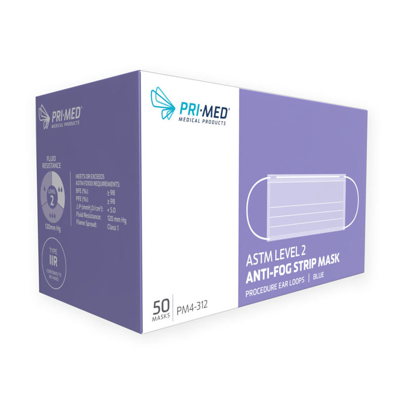 Primed Level 2 Anti-fog Earloop Procedure Strip Face Masks With Earloops Blue Box Of 50