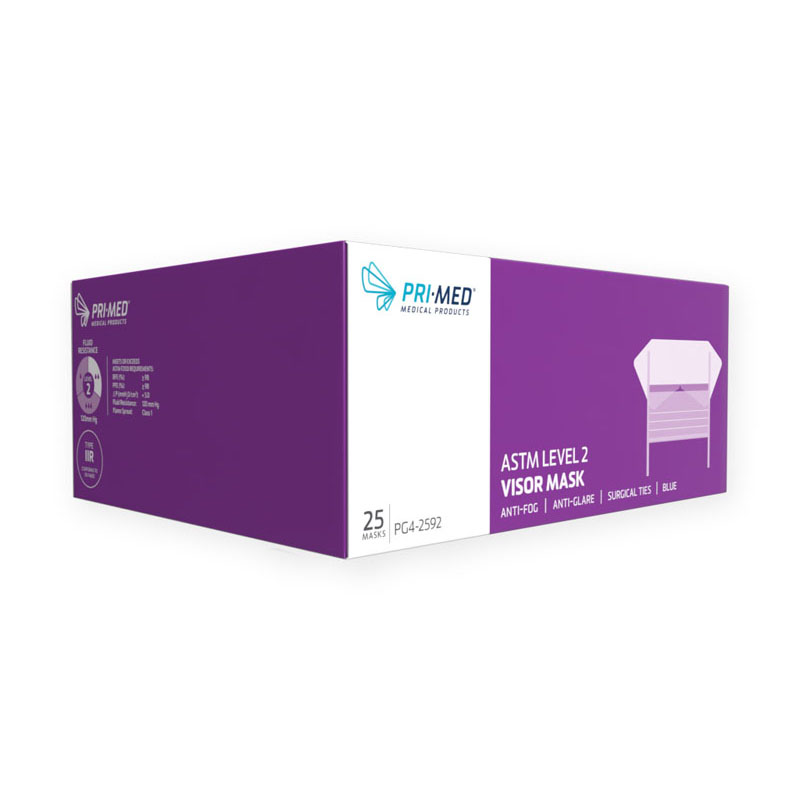 Primed Level 2 Surgical Antifog Visor Face Masks Tie Back Box Of 25