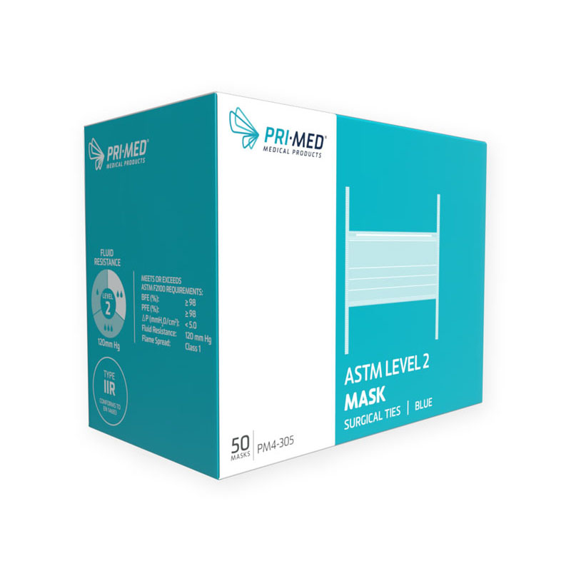Primed Level 2 Surgical Face Masks Tie Back Blue Box Of 50