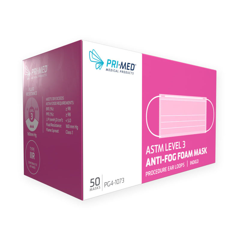 Primed Level 3 Antifog Foam Face Masks With Earloops Box Of 50
