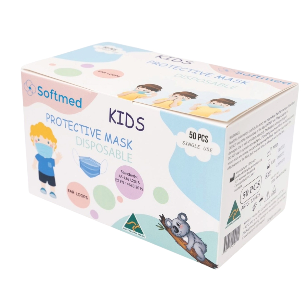 Softmed Level 1 Kids Face Masks 14x9cm Blue Box Of 50
