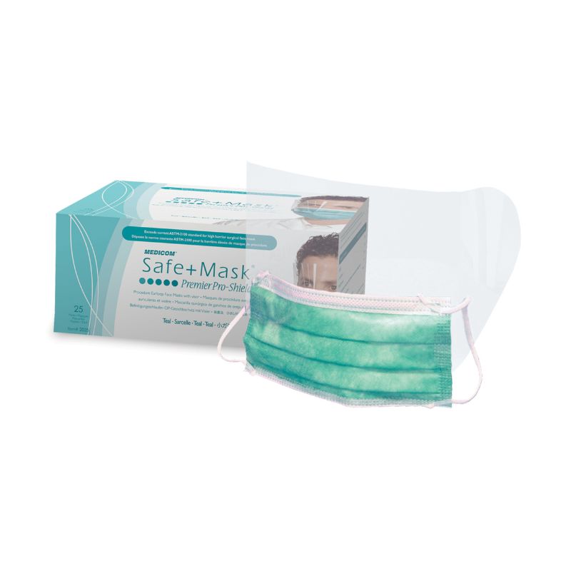 Medicom SafeMask Level 3 Earloop Masks With Visor Teal Pack Of 25