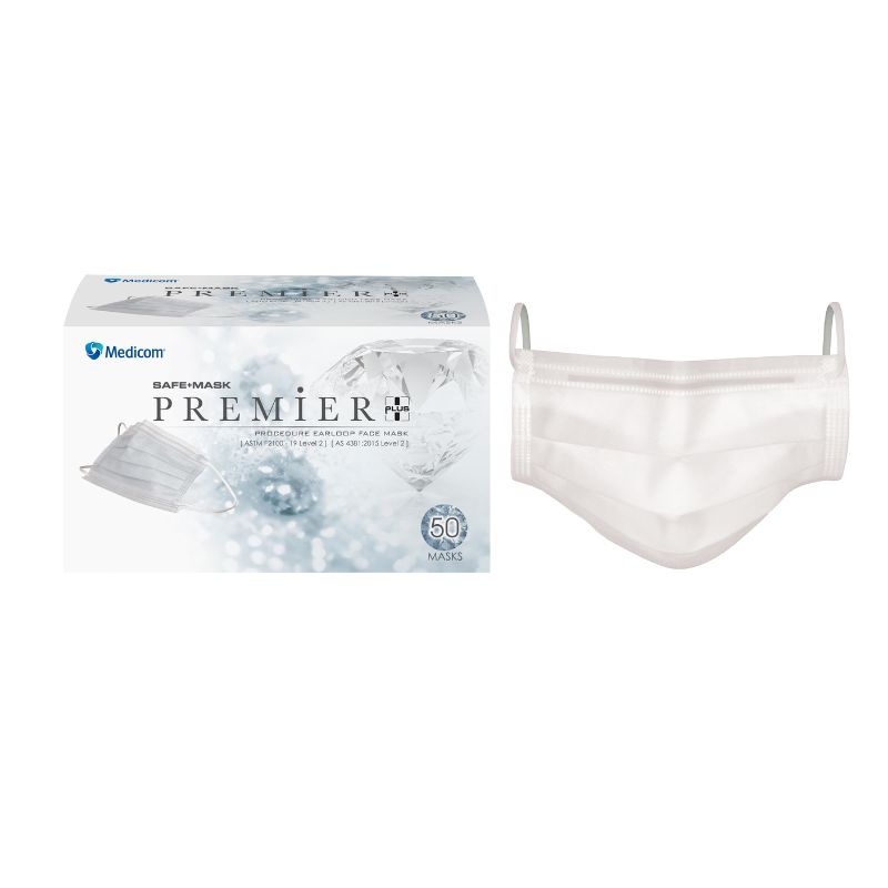 Medicom SafeMask Premier Plus Earloop Masks AS 4381 Level 2 White Box Of 50