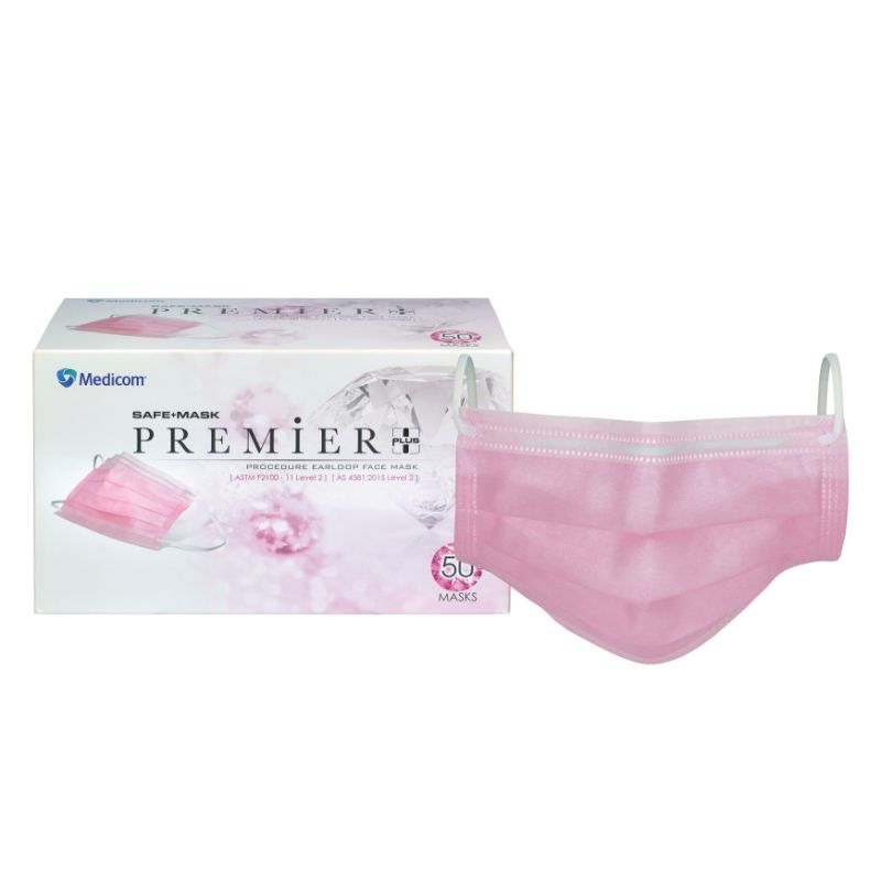 Medicom SafeMask Premier Plus Earloop Masks AS 4381 Level 2 Pink Box Of 50