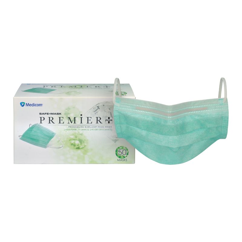 Medicom SafeMask Premier Plus Earloop Masks AS 4381 Level 2 Green Box Of 50