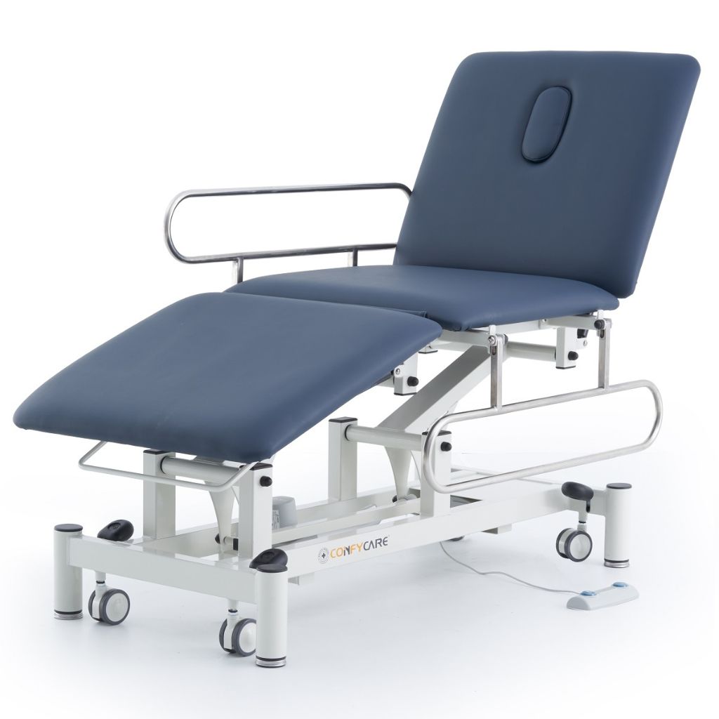 Pacific Medical 3 Section Electric Hi Lo Medical Couch With Drop Down Side Rails Navy Blue