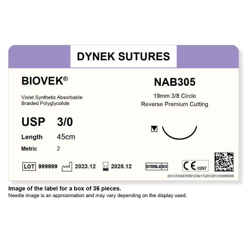 Dynek Biovek Synthetic Absorbable 3/0x45cm On 19mm 3/8 Dyed Violet Sutures NAB305 Box Of 36