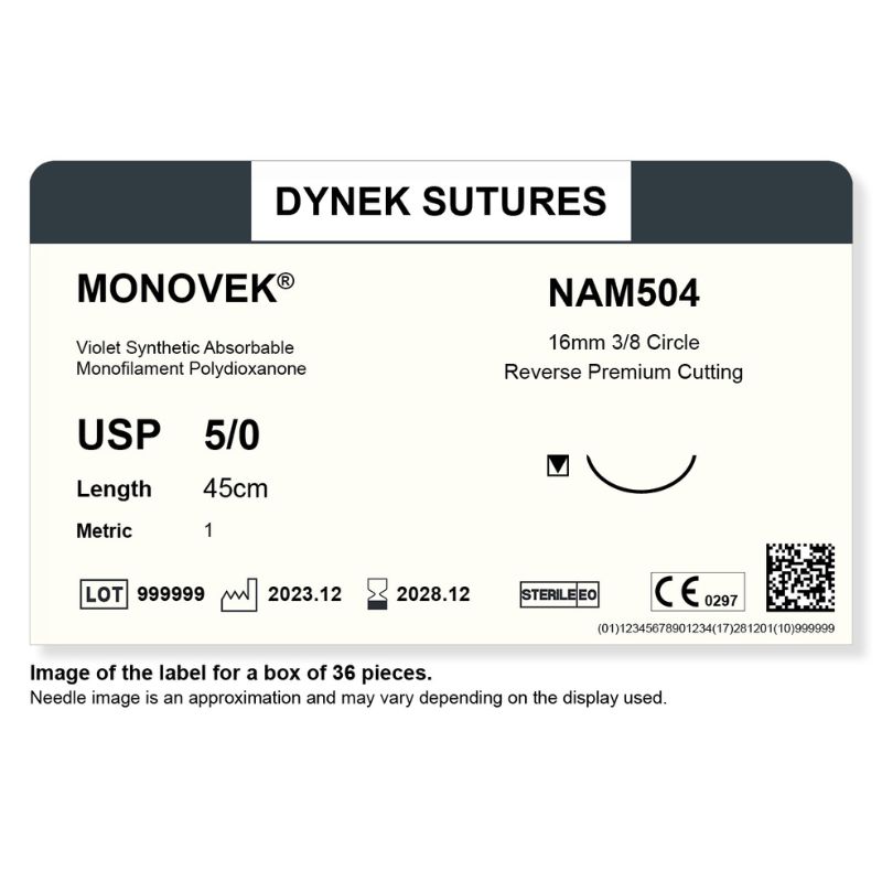 Dynek Monovek Synthetic Absorbable 5/0x45cm On 16mm 3/8 Dyed Violet Sutures Box Of 36