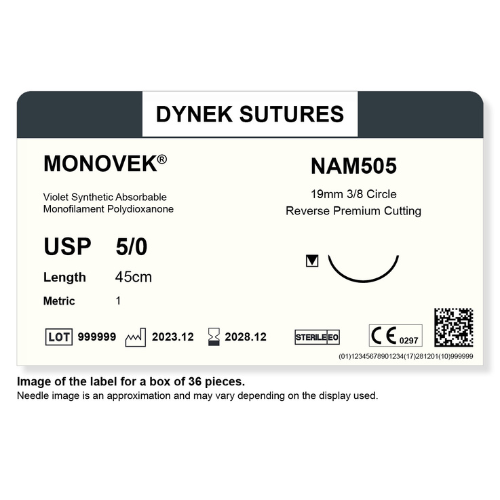 Dynek Monovek Synthetic Absorbable 5/0x45cm On 19mm 3/8 Dyed Violet Sutures Box Of 36