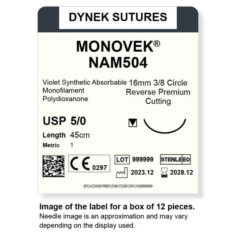 Dynek Monovek Synthetic Absorbable 5/0x45cm On 16mm 3/8 Dyed Violet Sutures Box Of 12