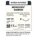 Dynek Monovek Synthetic Absorbable 5/0x45cm On 16mm 3/8 Dyed Violet Sutures Box Of 12