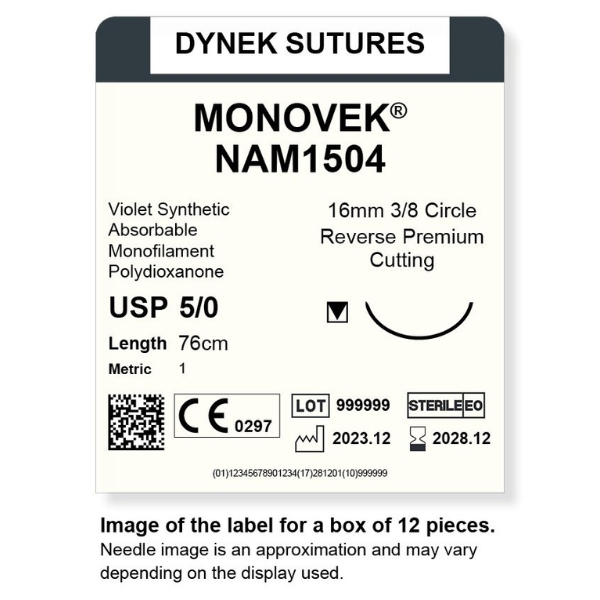 Dynek Monovek Synthetic Absorbable 5/0x76cm On 16mm 3/8 Dyed Violet Sutures Box Of 12