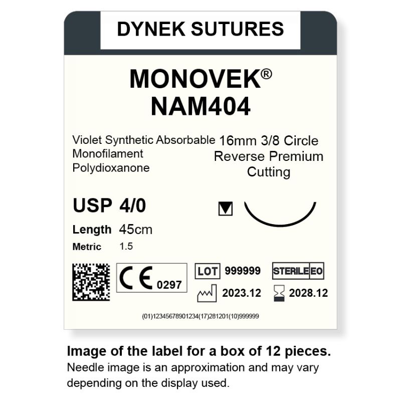 Dynek Monovek Synthetic Absorbable 4/0x45cm On 16mm 3/8 Dyed Violet Sutures Box Of 12