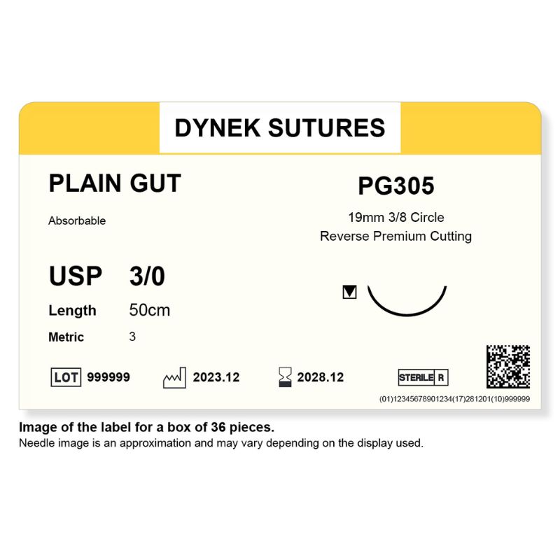 Dynek Surgical Catgut Plain Cut Natural Absorbable 3/0x50cm On 19mm 3/8 Sutures PG305 Box Of 36