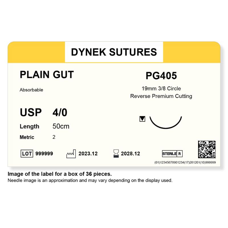 Dynek Surgical Catgut Plain Gut Natural Absorbable 4/0x50cm On 19mm 3/8 Sutures PG405 Box Of 36