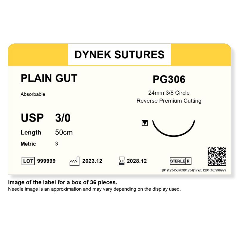 Dynek Surgical Catgut Plain Cut Natural Absorbable 3/0x50cm On 24mm 3/8 Sutures PG306 Box Of 36