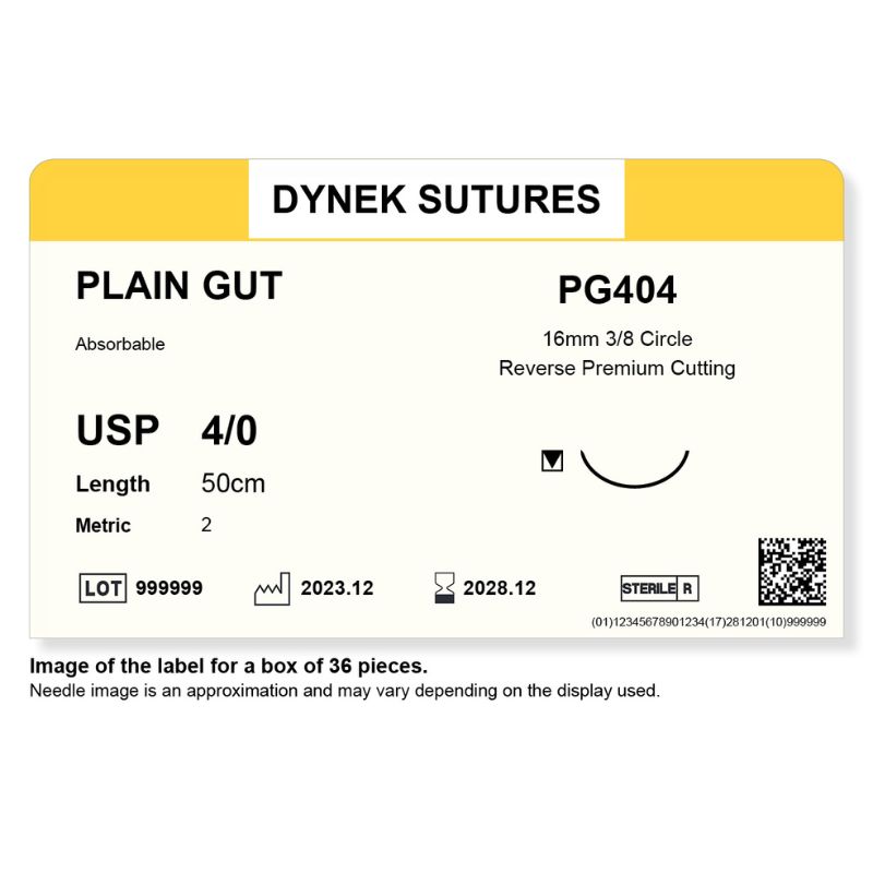Dynek Surgical Catgut Plain Cut Natural Absorbable 4/0x50cm On 16mm 3/8 Sutures PG404 Box Of 36