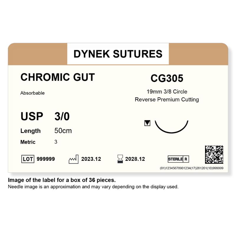 Dynek Surgical Catgut Chromic Cut Natural Absorbable 3/0x50cm On 19mm 3/8 Sutures Box Of 36