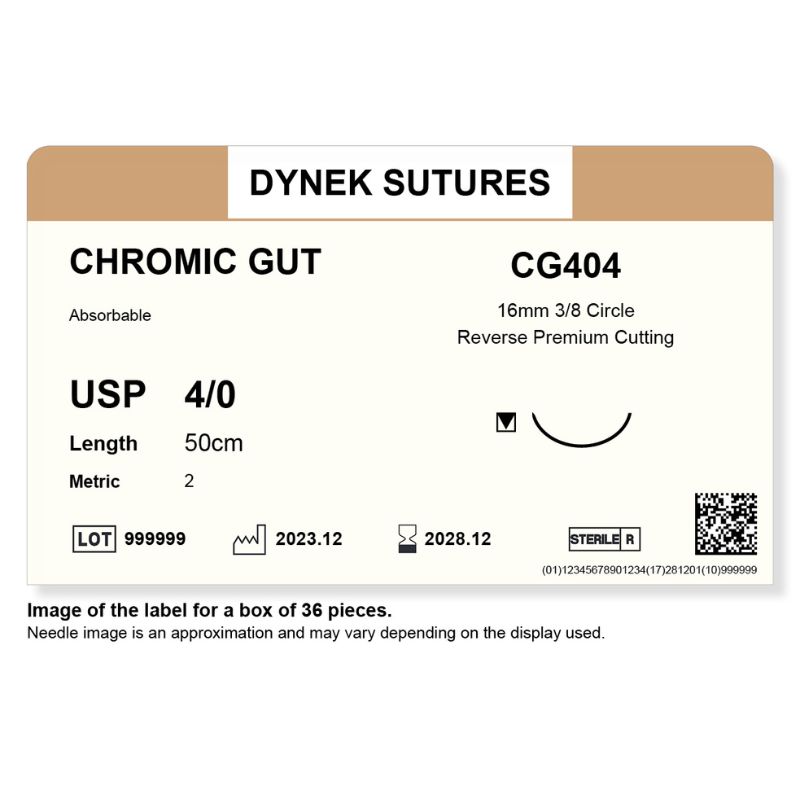 Dynek Surgical Catgut Chromic Cut Natural Absorbable 4/0x50cm On 16mm 3/8 Sutures CG404 Box Of 36