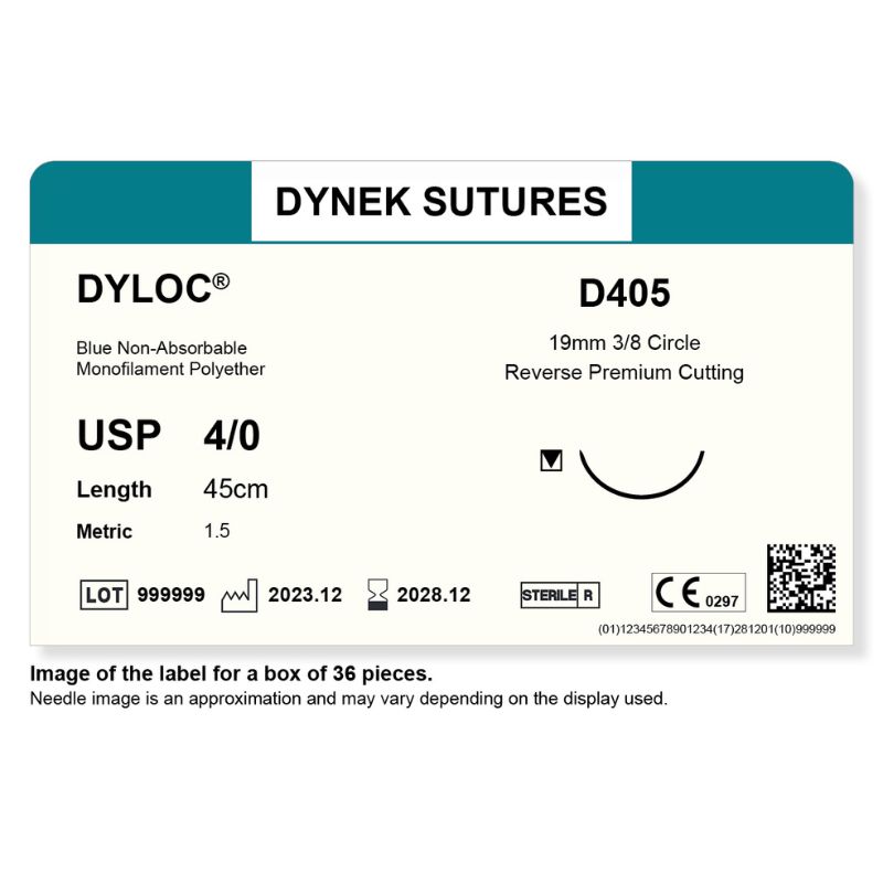 Dynek Dyloc Synthetic Non Absorbable 4/0x45cm On 19mm 3/8 Sutures D405 Box Of 36