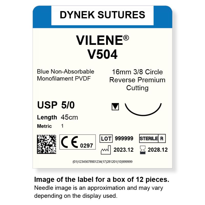 Dynek Vilene Blue Synthetic Non Absorbable 5/0x45cm On 16mm 3/8 Sutures V504 Box Of 12