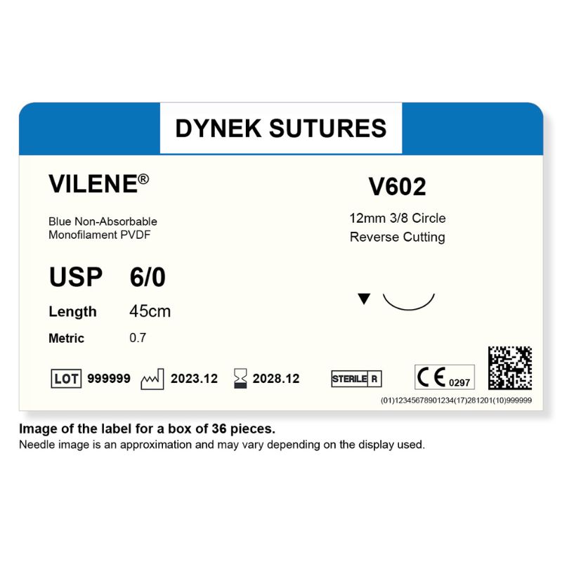 Dynek Vilene Blue Synthetic Non Absorbable 6/0x45cm On 12mm 3/8 Sutures Box Of 36