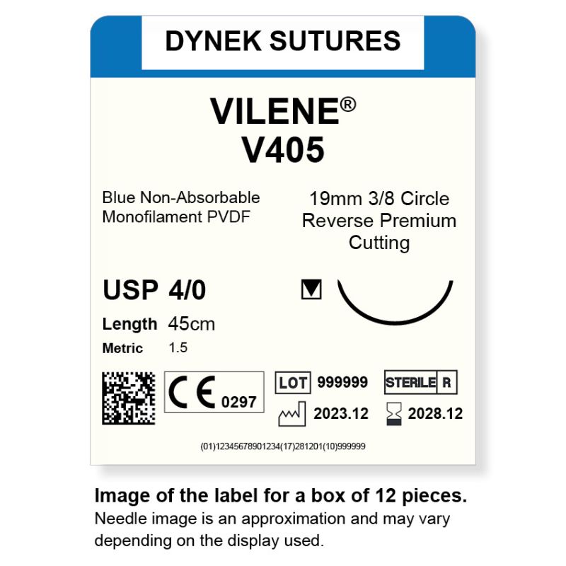Dynek Vilene Blue Synthetic Non Absorbable 4/0x45cm On 19mm 3/8 Sutures V405 Box Of 12