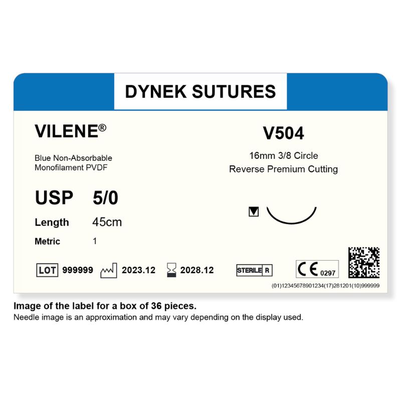 Dynek Vilene Blue Synthetic Non Absorbable 5/0x45cm On 16mm 3/8 Sutures V504 Box Of 36