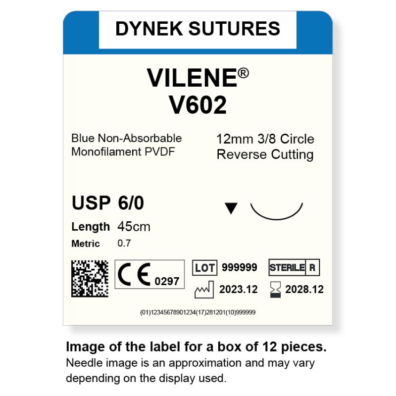 Dynek Vilene Blue Synthetic Non Absorbable 6/0x45cm On 12mm 3/8 Sutures V602 Box Of 12