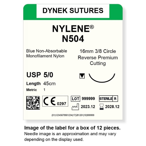 Dynek Nylene Blue Synthetic Non Absorbable 5/0x45cm On 16mm 3/8 Sutures N504 Box Of 12