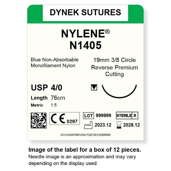 Dynek Nylene Blue Synthetic Non Absorbable 4/0x76cm On 19mm 3/8 Sutures N1405 Box Of 12