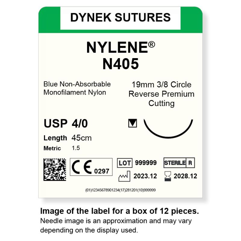 Dynek Nylene Blue Synthetic Non Absorbable 4/0x45cm On 19mm 3/8 Sutures N405 Box Of 12
