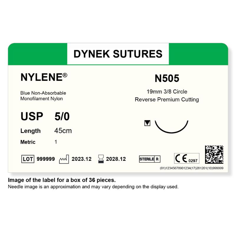Dynek Nylene Blue Synthetic Non Absorbable 5/0x45cm On 19mm 3/8 Sutures N505 Box Of 36