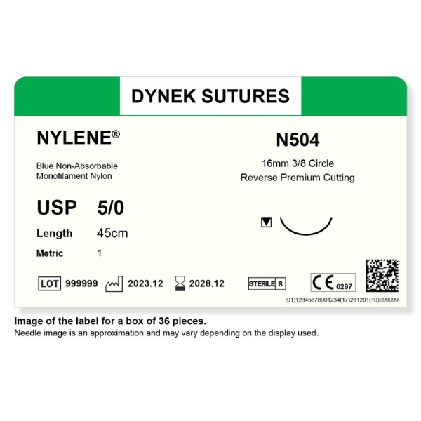 Dynek Nylene Blue Synthetic Non Absorbable 5/0x45cm On 16mm 3/8 Sutures N504 Box Of 36