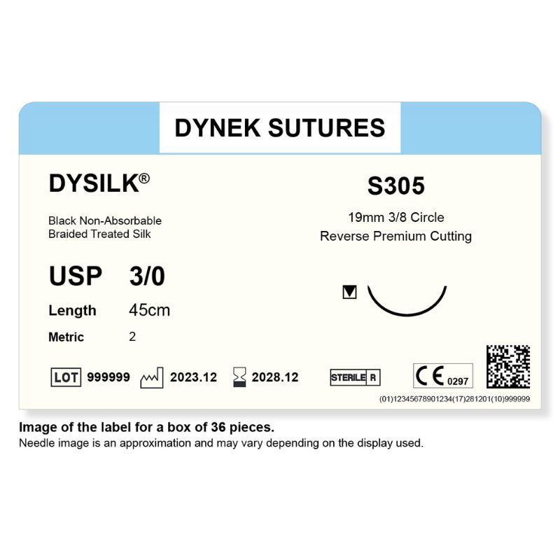 Dynek Dysilk Black Natural Non Absorbable 3/0x45cm On 19mm 3/8 Sutures S305 Box Of 36