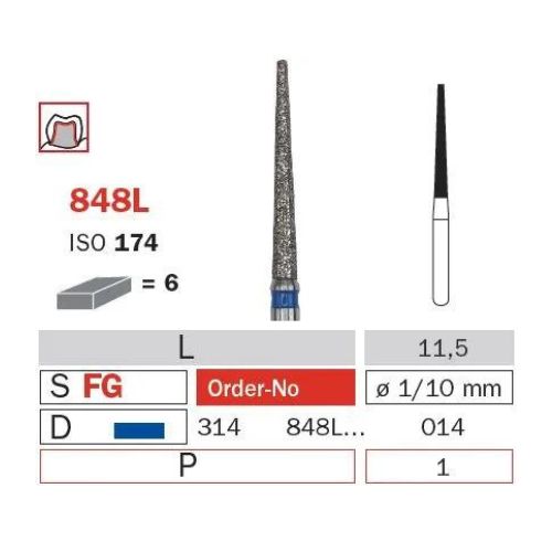 Diaswiss Diamond FG Extra Long Flat End Taper Bur 314 848L 014 Medium Pack Of 5