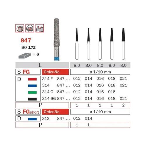 Diaswiss Diamond FG Long Flat End Taper Bur 314 847 534 014 Coarse Pack Of 5