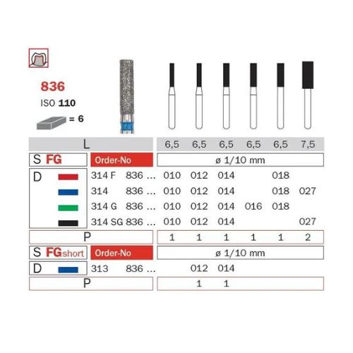 Diaswiss Diamond FG Long Flat Fissure Bur 314 836 010 Coarse Pack Of 5