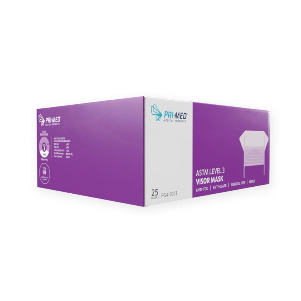 Primed Level 3 Surgical Anti Fog Tie Back 4 Ply Visor Mask Box Of 25
