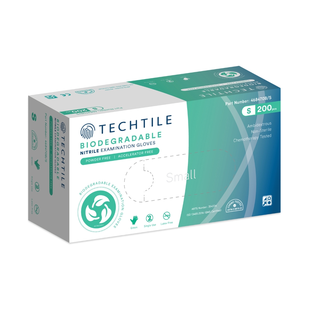 Techtile Nitrile Biodegradable Disposable Examination Powder Free Gloves Green Pack Of 200