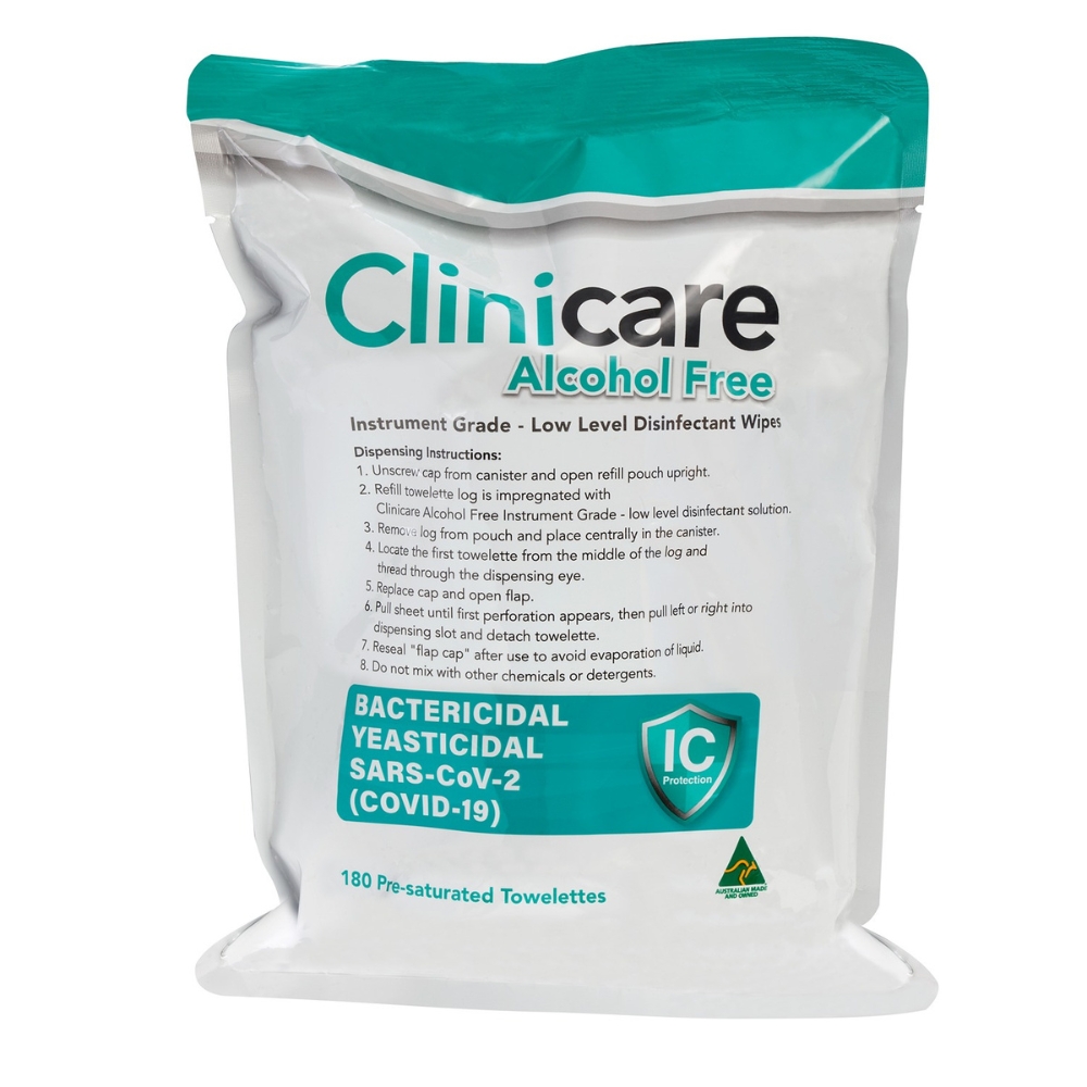 Clinicare Alcohol Free Instrument Grade Disinfectant Wipes Refill Pack Of 180