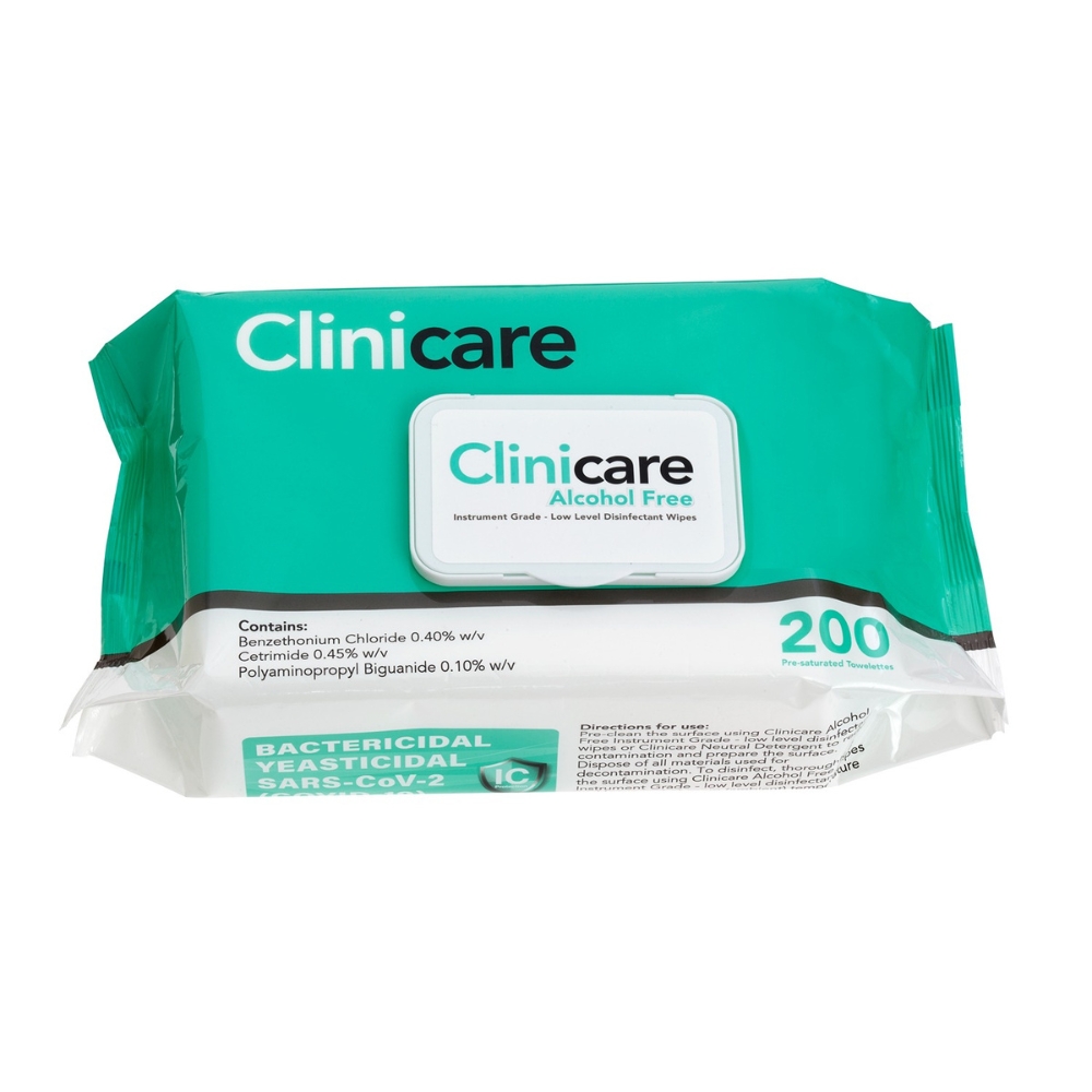 Clinicare Alcohol Free Instrument Grade Disinfectant Flat Pack Wipes Pack Of 200