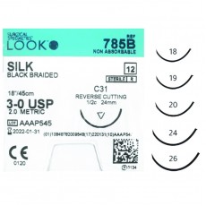 Silk Look Suture 3/0 18mm 1/2 Circle Reverse Cut Needle Black Braided Silk Box Of 12